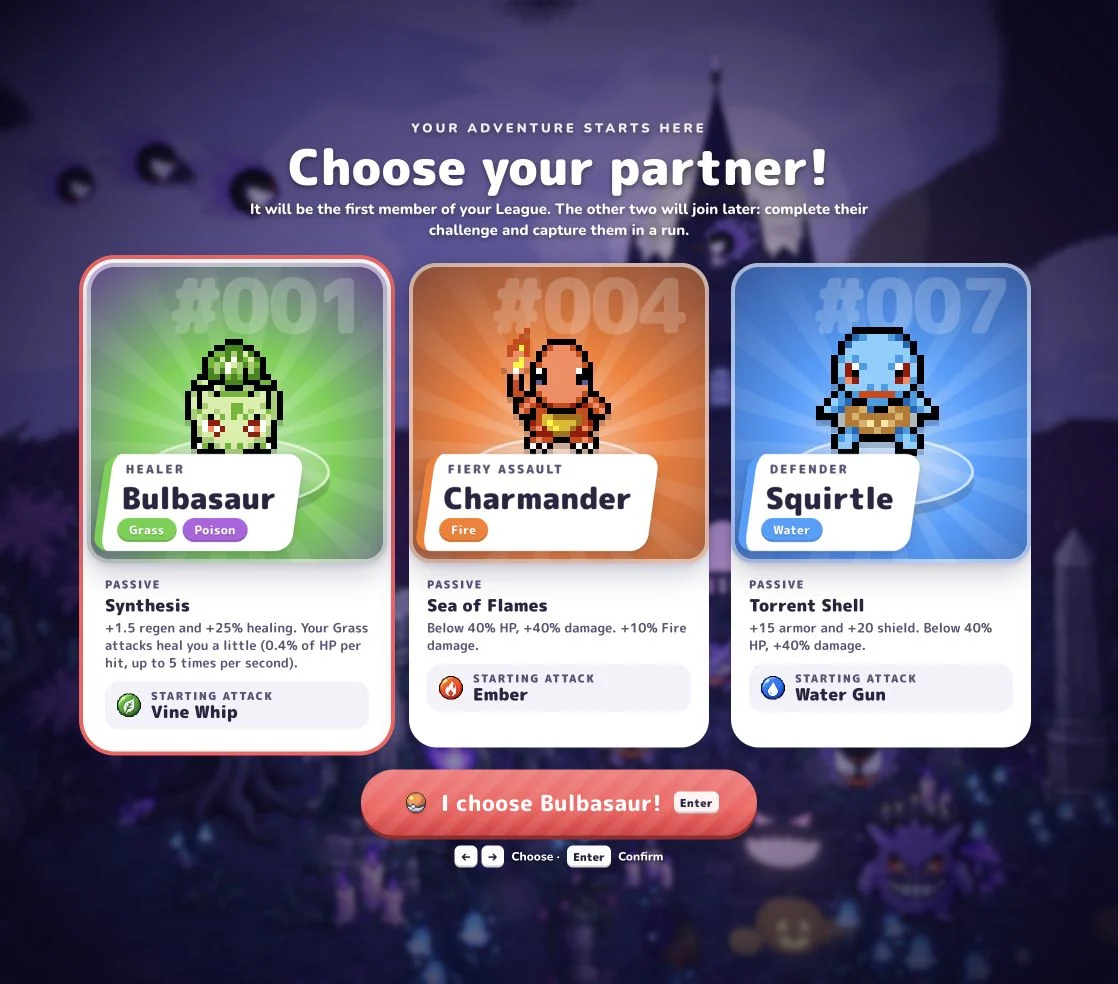 The live PokéBonk starter menu showing Bulbasaur with Synthesis and Vine Whip, Charmander with Sea of Flames and Ember, and Squirtle with Torrent Shell and Water Gun.